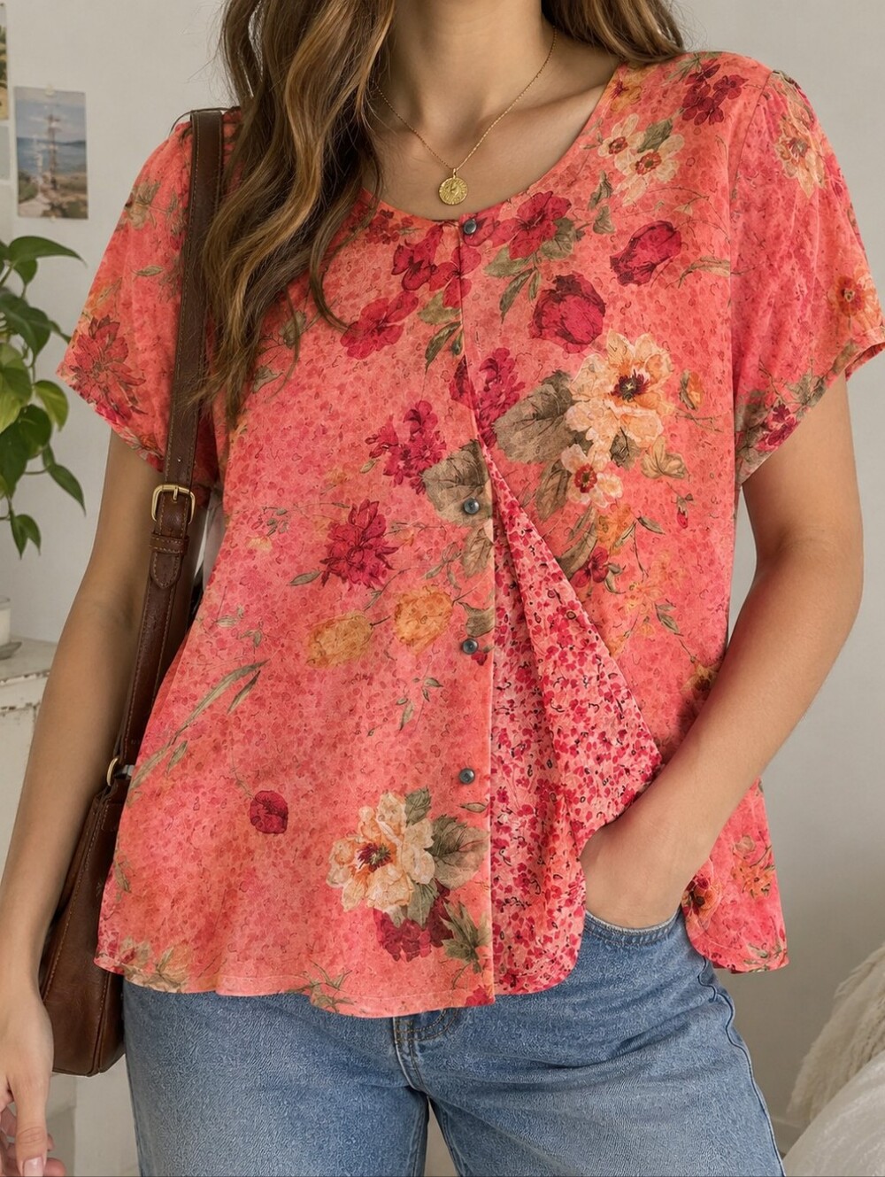 Notations Coral Floral Button-Front Blouse